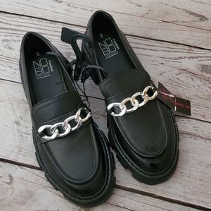 No Boundaries Black Loafers with Silver Chain Accent